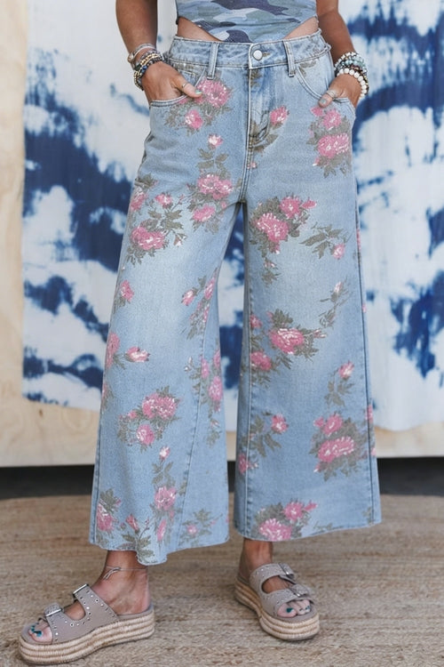 Floral Denim Wide Leg Jeans